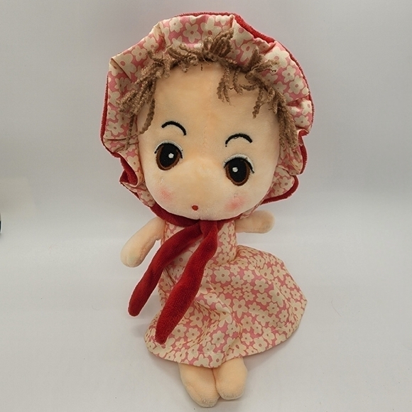12" soft Plush Doll floral dress & Bonnet embroidered eyes Anime style face - Picture 1 of 10